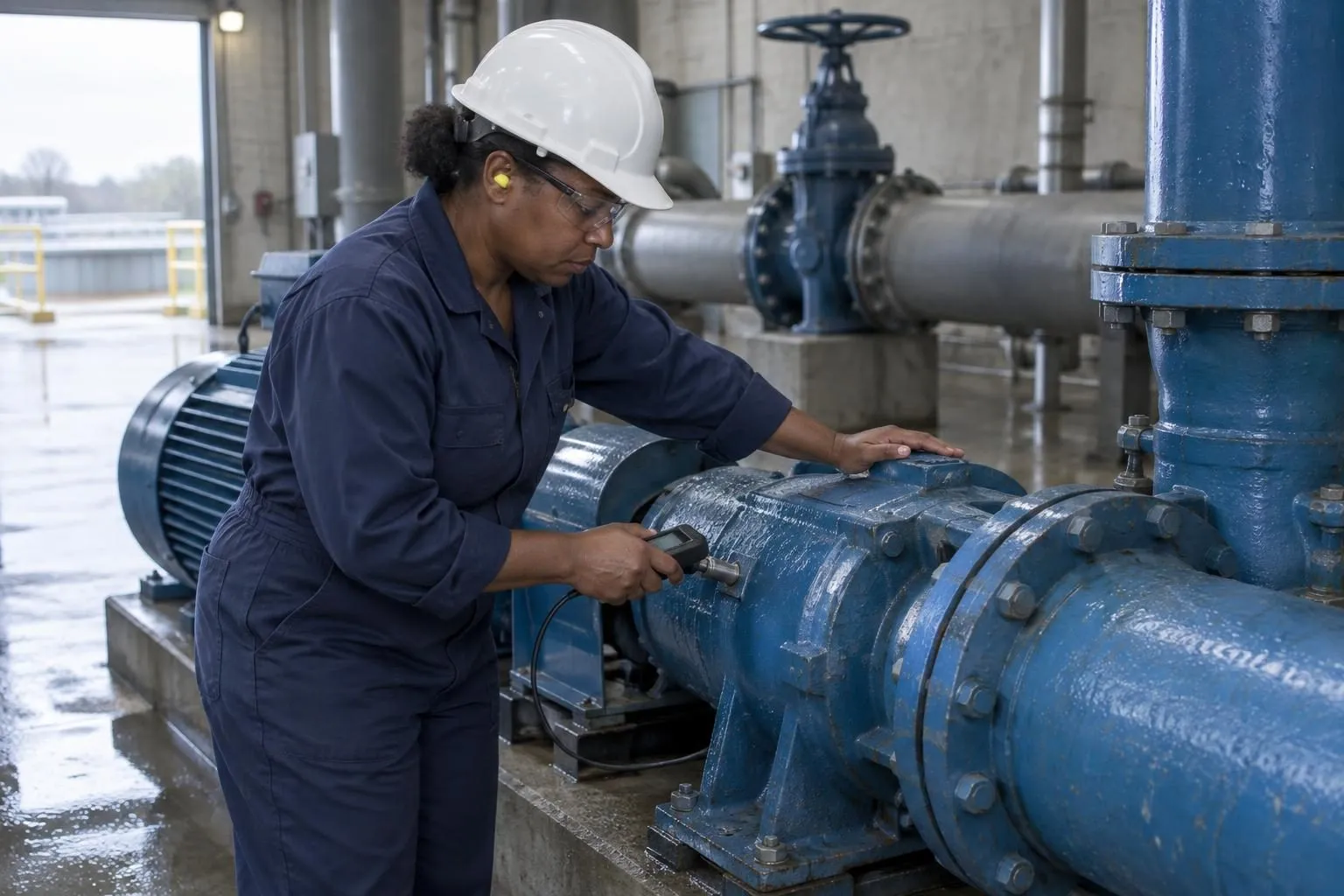A consultant presses a handheld vibration probe to a water plant pump bearing while resting her other hand on the pipe.