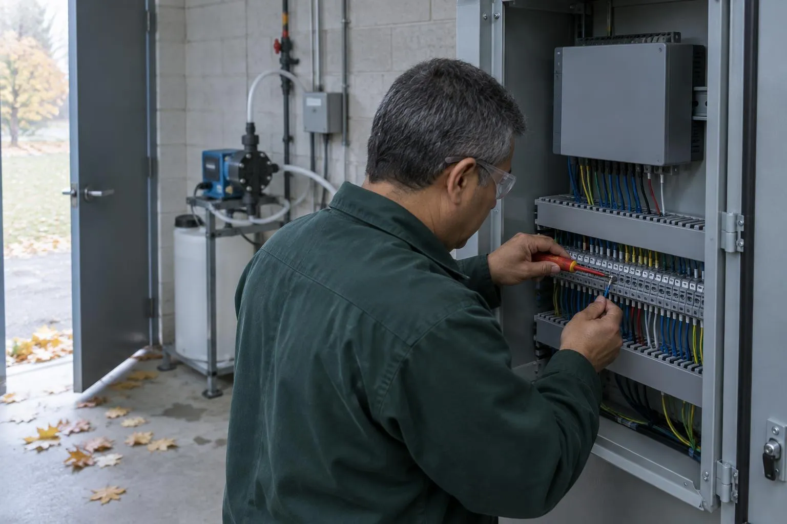 Consultant's hands tightening and tug-testing a wire on a controller terminal rail inside an open cabinet at a water plant.