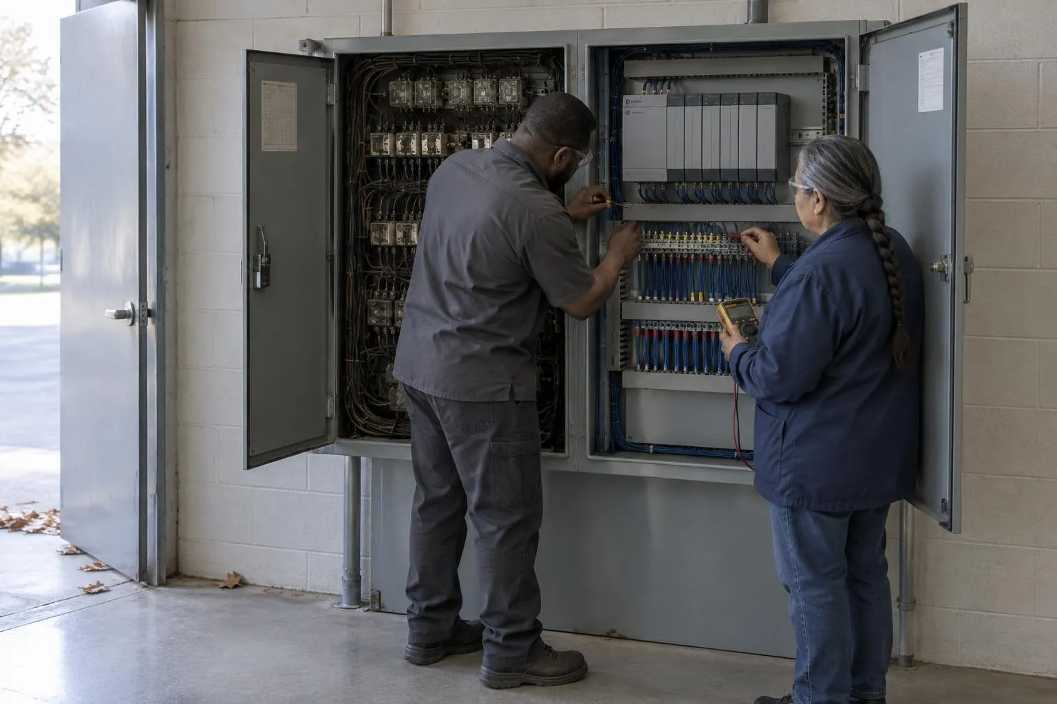 Two technicians stand at an open control cabinet, one half old tangled wiring and the other half a new, neatly labelled PLC rack.