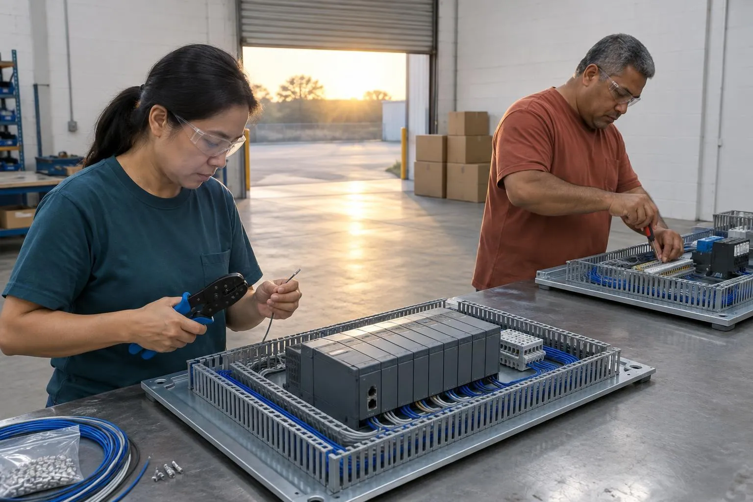 Two panel builders in a bright workshop wire a new control panel on a bench, one crimping a ferrule, the other tightening a terminal.