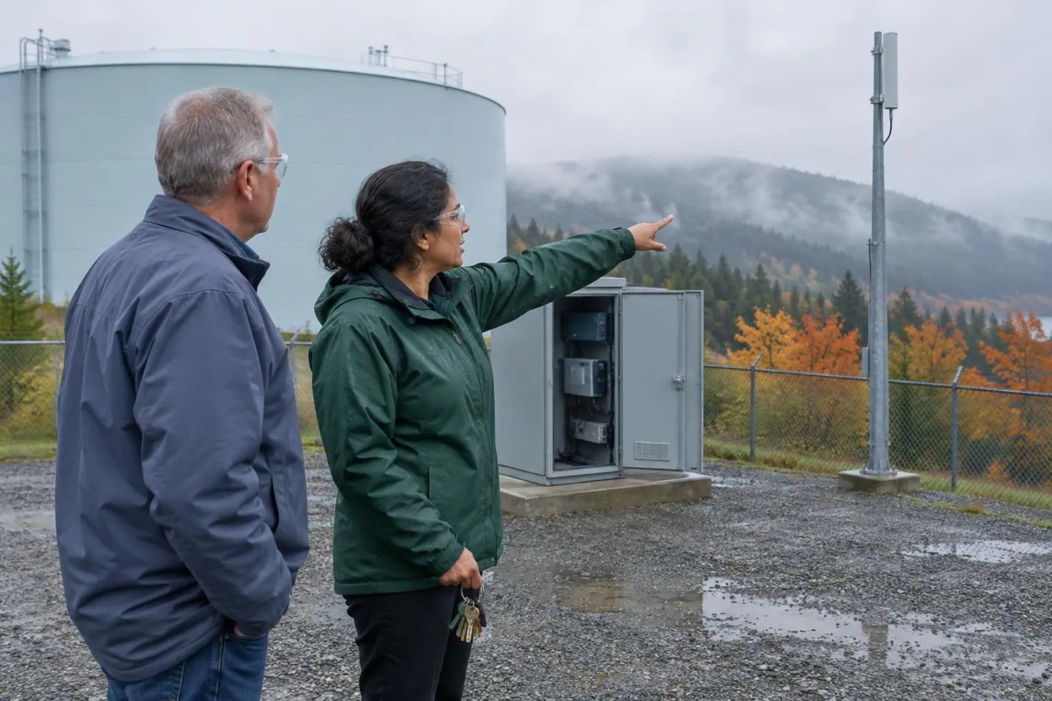A utility project manager points toward a distant ridge while a consultant listens beside an open telemetry cabinet at a hilltop tank.