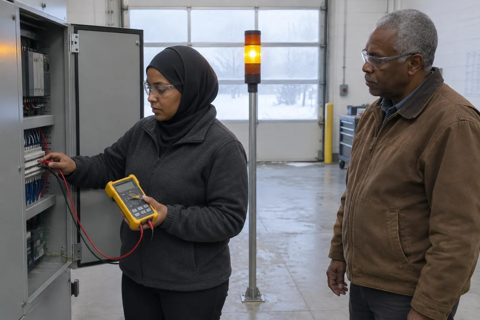 Two engineers test an open control cabinet on a factory floor, one holding a calibrator while an amber stack light glows above.