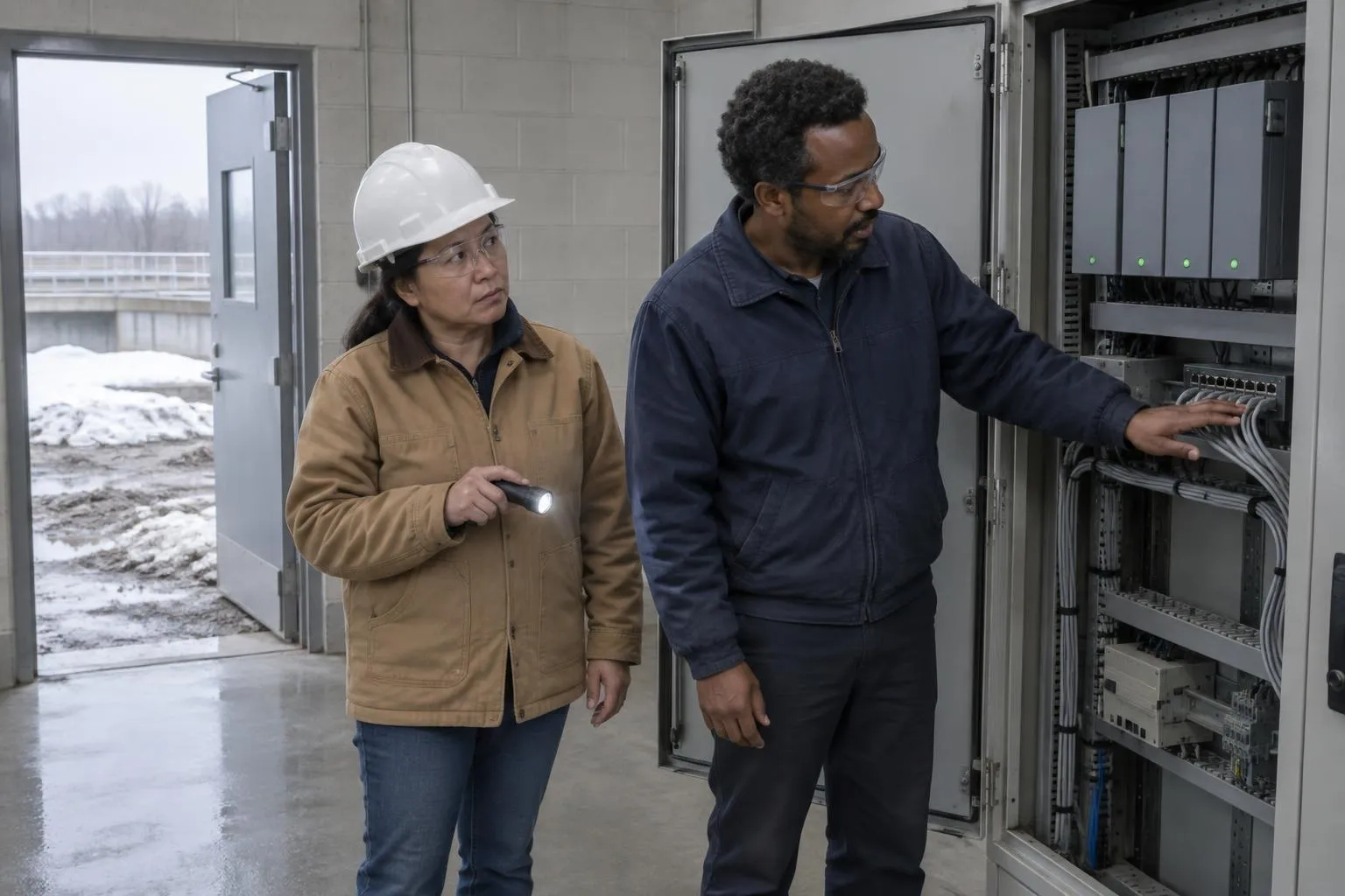A woman plant superintendent and a male consultant discuss the wiring in an open control panel at a wastewater plant in early spring.