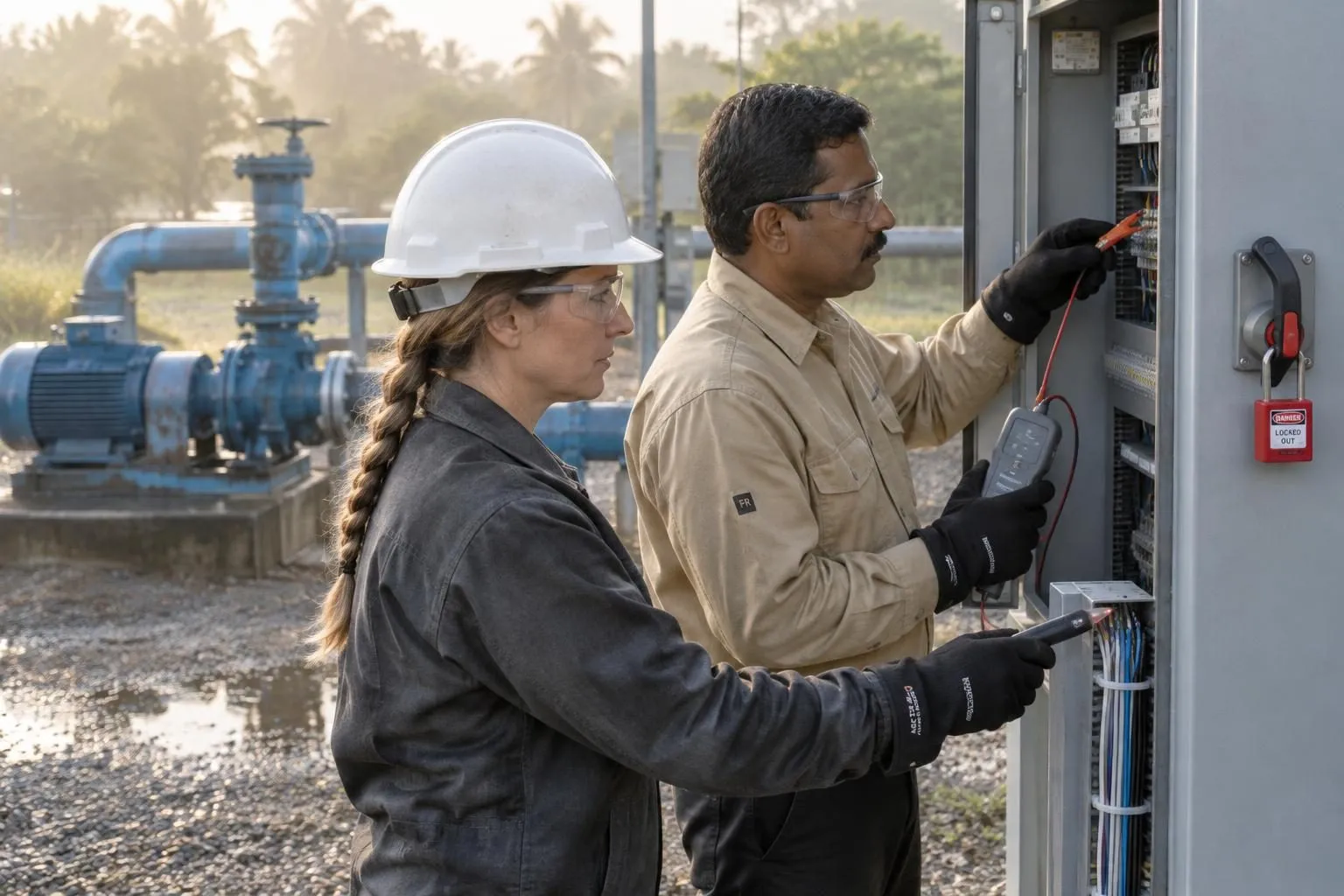 Two consultants trace a wire through an open outdoor control cabinet at a Gulf Coast pipeline pump station on a humid morning.