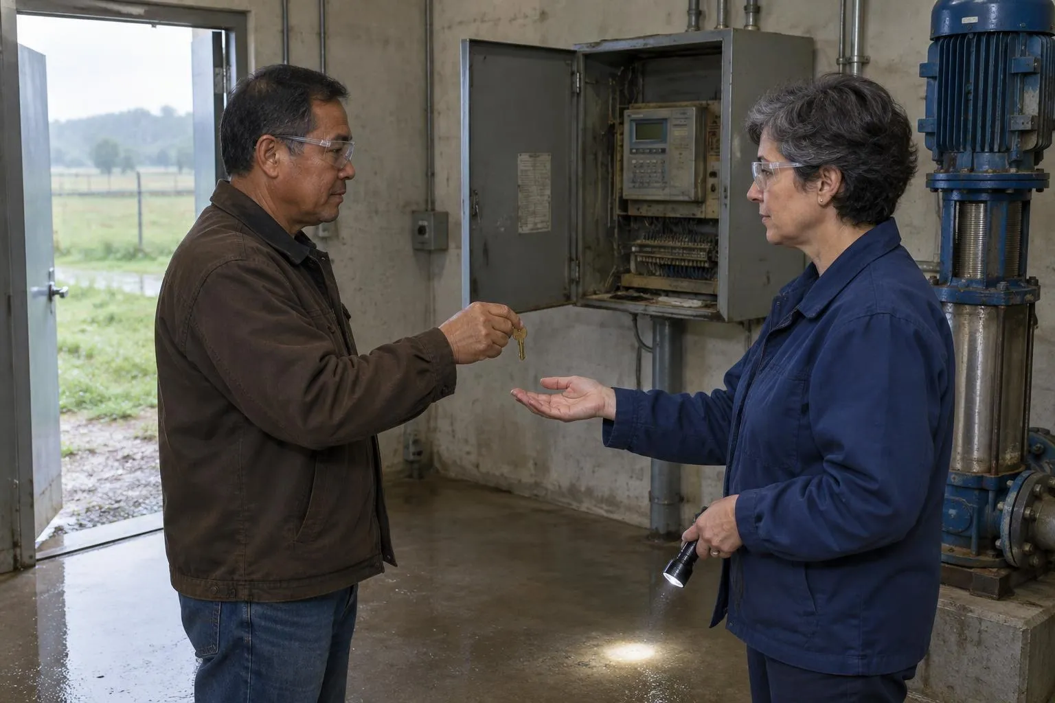 A water district manager hands a brass key to a SCADA consultant at an old control cabinet inside a well house.